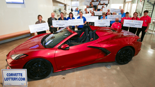 The Rotary Club of Wasaga Beach celebrating the groups they support (and their Corvette prize.)