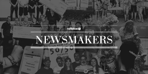 Black and white photos of volunteers selling raffle tickets at events, with 