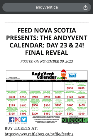 AndyVent Prize Raffle powered by Rafflebox in support of Feed Nova Scotia