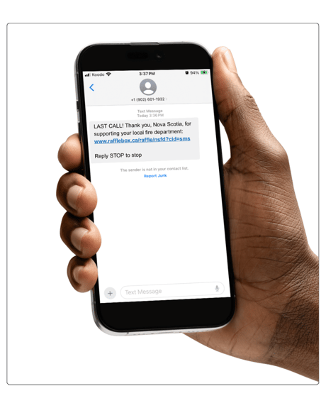 Last call urgency push using SMS marketing for a weekly 50/50 raffle program