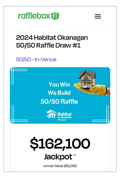 Screenshot of a raffle webpage displaying Habitat for Humanity Okanagan's largest jackpot to date, showing a total amount of $162,100